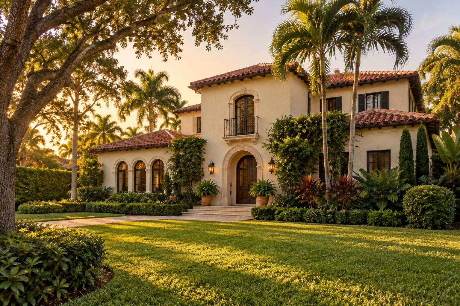 A brick South Florida home with a tree lined yard, illustrative