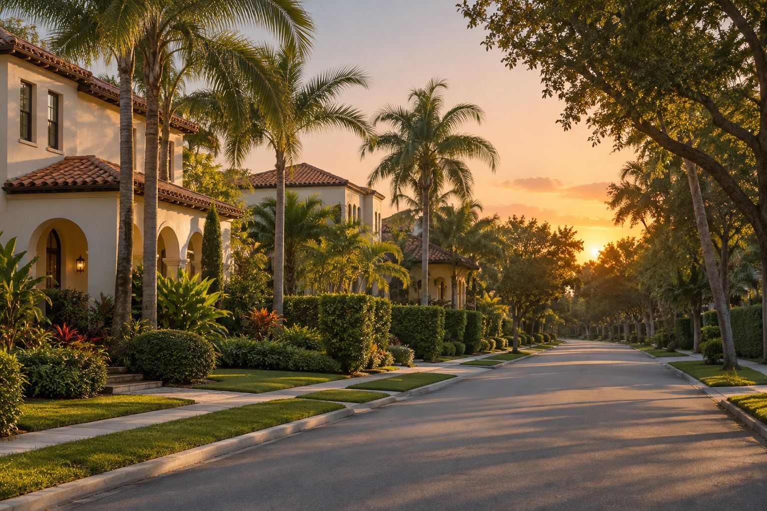 A Coral Gables residential street at sunset, illustrative