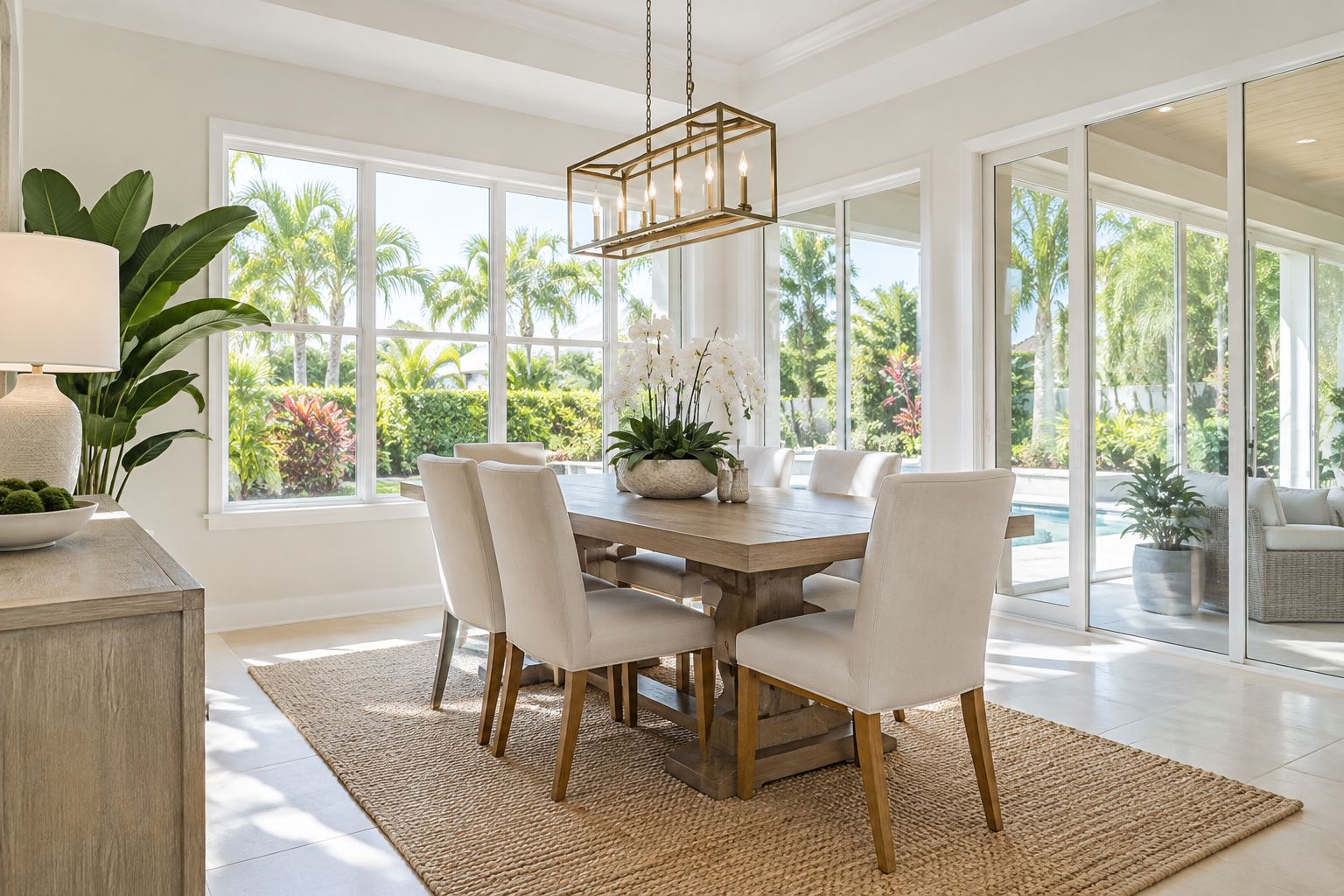 A bright dining room, illustrative